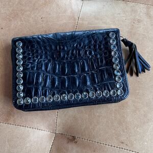 Y2K Croc Embossed Leather Wallet Studded Clutch Black Studded Tassel Raviani